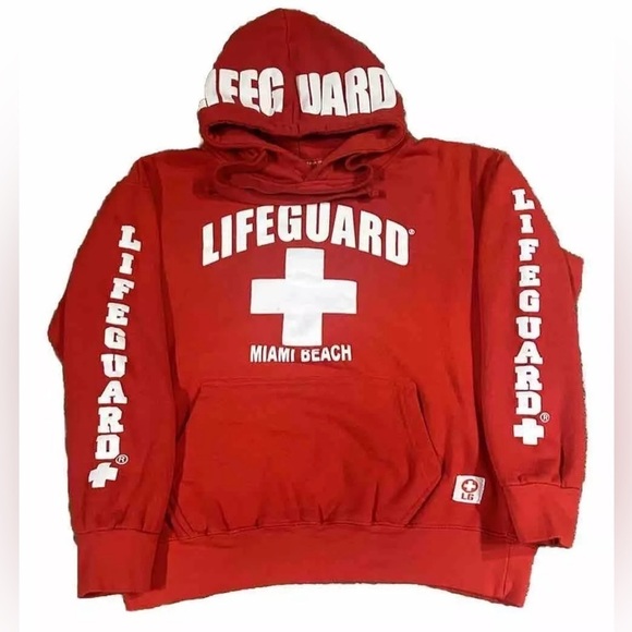 Lifeguard Licensed Hoodie Sweatshirt Mens Medium Red Miami Beach Spell Out Print - Picture 1 of 5